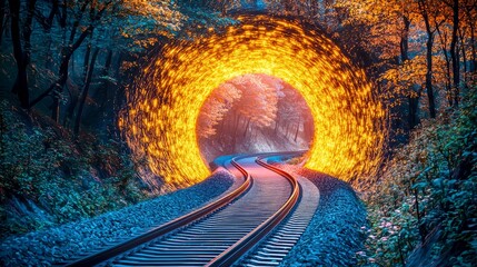 Wall Mural - enigmatic golden tunnel: a magical railway journey through a dreamlike forest. explore the path to a
