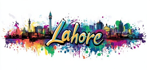 Wall Mural - Colorful artistic representation of Lahore showcasing iconic landmarks and vibrant culture in a lively cityscape