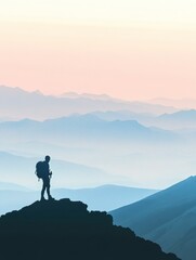 Poster - Silhouette of a hiker on mountain ridge at dawn with space for inspirational message. Generative AI