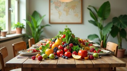 Wall Mural - A Bountiful Harvest Table Setting Featuring Vibrant Summer Fruits and Vegetables Arranged as a Centerpiece, Surrounded by Plates of Fresh Berries and a Rustic Wooden Table Setting.