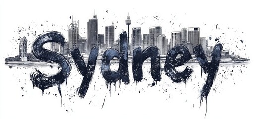 Wall Mural - Artistic representation of Sydney skyline with a creative lettering design during daylight