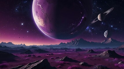 Wall Mural - purple space landscape with planets and starry sky, meteors and mountains. huge planet on the horizo