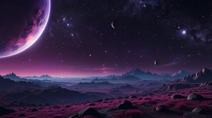 Wall Mural - purple space landscape with planets and starry sky, meteors and mountains. huge planet on the horizo