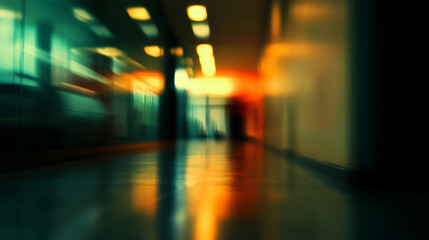 Wall Mural - A long hallway with a lot of windows and lights Glass Wall with Blurred Background of a Modern Office Building