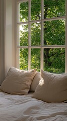 Poster - Sunlight streams through sheer curtains, revealing a plush sofa and lush green trees in the peaceful outdoor view