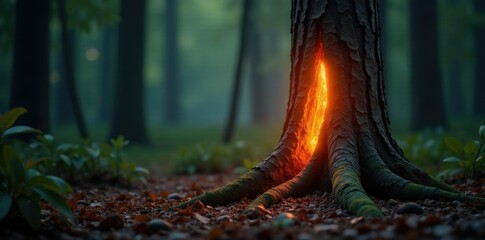 Wall Mural - glowing wooden tree trunk in a forest environment, soft lighting, wood decor, glowing wood