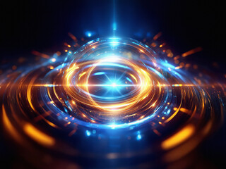 Aufkleber - Intricate concentric metallic rings glow with vibrant blue and orange light, creating a mesmerizing, futuristic effect.  Sparkles emanate from the core.