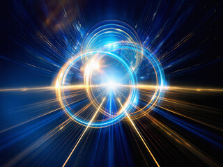 Poster - Intertwined luminous rings, one blue, one gold, glow brightly against a dark background.  The light creates a radiant, almost ethereal effect.
