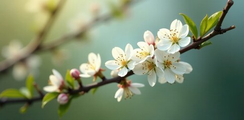 Wall Mural - Unripe white flowers slowly begin to bloom on a branch, spring, blossoming