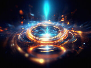 Poster - Abstract artwork featuring glowing, metallic rings reflecting on a dark, liquid surface.  A vibrant blue beam emanates upwards from the center.