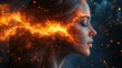 © Oktyabrskiii - Surreal representation of a woman's profile adorned with fiery illumination and cosmic elements