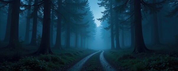 Wall Mural - path unwinds through darkness of misty woods under starry sky, misty forest, stars, fog