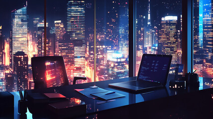 Wall Mural - Modern Office Interior with Neon Lights Schematic of a high-tech living room with integrated sound systems and smart lighting, smart living,
