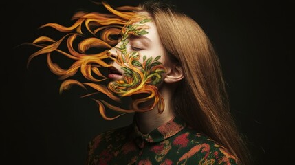 Wall Mural - woman with fiery face and hair in dynamic pose surrounded by energetic designs and papaya illustrati
