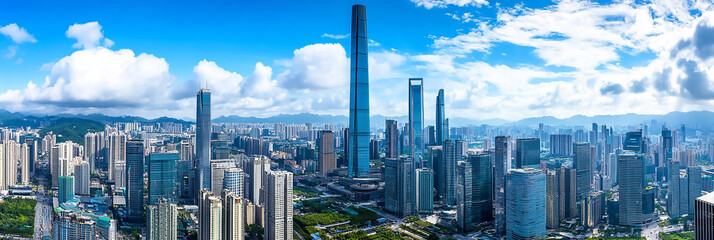 Wall Mural -  Glass Facade of a Modern Office Building Modern office building with blue sky and glass facade, depicting the concept of economy and finance from a bottom-up