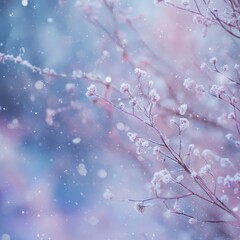 Wall Mural - Branch with white flowers and papaya surrounded by soft dreamy pastel snowfall flakes in serene setting
