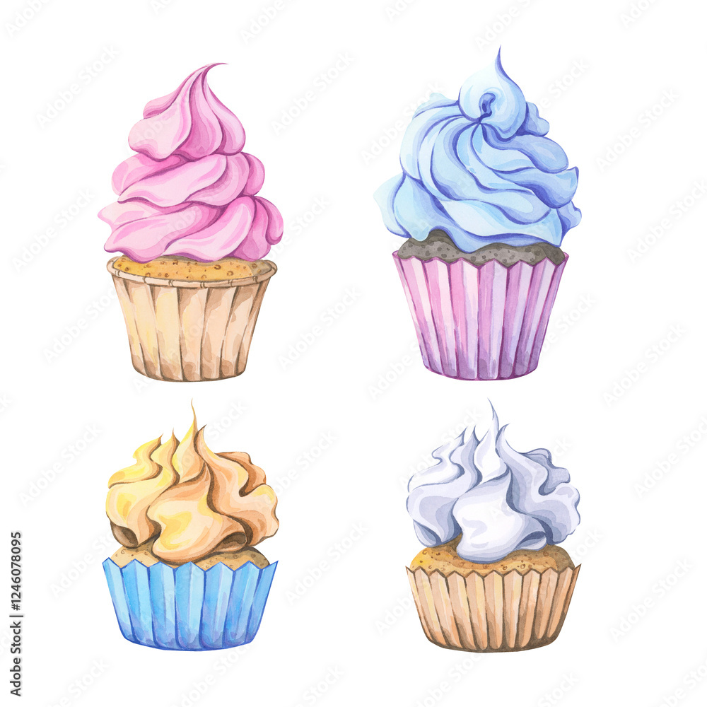Watercolor cupcakes with blue, pink, white and yellow frosting. Set of ...