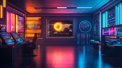 Wall Mural - Modern Office Interior with Neon Lights Schematic of a high-tech living room with integrated sound systems and smart lighting, smart living,
