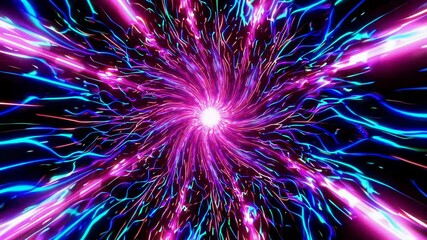 Poster - A radiant energy burst with glowing light trails in pink, blue, and orange converging at a central point
