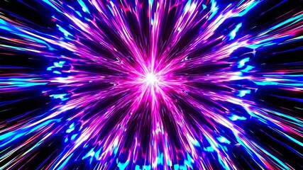Poster - A radiant energy burst with glowing light trails in pink, blue, and orange converging at a central point