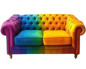 vibrant rainbow colored sofa with tufted design, showcasing gradient from purple to orange. This unique piece adds playful touch to any living space