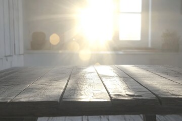 Canvas Print - Rustic wooden table, sunlit kitchen, bright background, product display