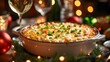 © pjjaruwan - A steaming dish of warm crab dip, bubbling with melted cheese, garnished with green onions, set on a festive table with a glass of white wine