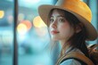 © video - Happy Asian woman with glasses and hat holding flight ticket and passport while waiting in airport terminal with yellow backpack