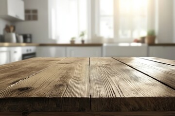 Wall Mural - Rustic wooden table in bright kitchen, sunlight