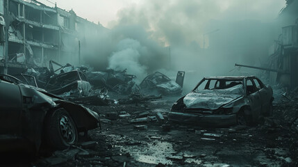 devastated cityscape after catastrophic event with destruction and abandoned vehicles