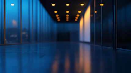 Wall Mural - At night beautiful Abstract blurred office interior room. blurry working space with defocused effect Modern office space with glass partitions illuminated