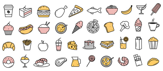 Wall Mural - various food and drink icons in flat graphic style, including desserts, meals, and beverages, on a w