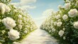 © arthit - A garden path lined with white roses, leading into the distance with clear space for messaging.