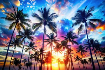 Wall Mural - Hawaiian Palm Trees Double Exposure: Vibrant Blue Sky & Lush Tropical Foliage