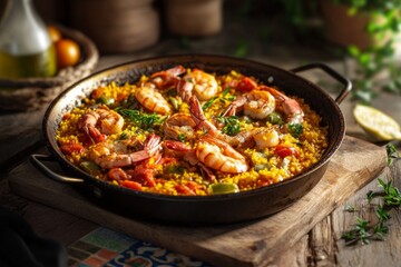 Sticker - Seafood paella, rustic kitchen, Spanish cuisine, dinner