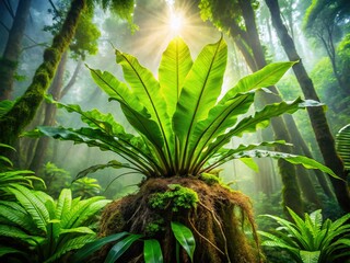 Wall Mural - Lush Tropical Mountain Forest with Birds Nest Fern Portrait