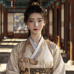 la apariencia apacible de jungjeon durante la dinastía joseon, vestida con un hanbok de la corte rea