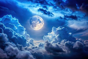 majestic full moon night sky: dark blue cloudscape stock photo