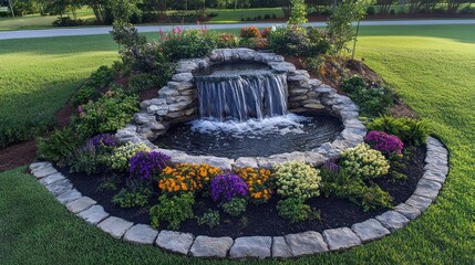 Wall Mural - Backyard waterfall feature with plants, grass; possible landscape design image