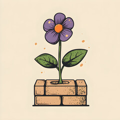 Wall Mural - logo of a violet flower growing up from a single brick, two round green leaves on the stalk, japan style, orange pollen, manga theme