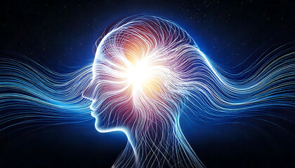 stunning abstract image of a glowing head profile, formed by flowing light trails. perfect for conce