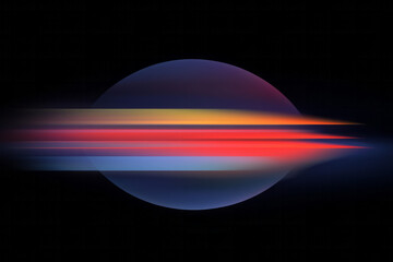 Leinwandbilder - An abstract digital artwork featuring a bold elliptical shape with horizontal stripes of fiery red,