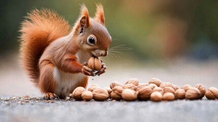 Wall Mural - a fluffy squirrel enjoying a feast of walnuts in a natural outdoor setting
