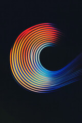 Poster - A retro-futuristic animation of a vibrant elliptical form with alternating stripes of red, orange,