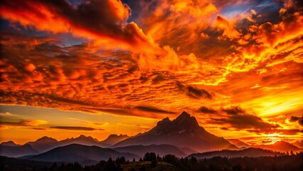 Wall Mural - Vibrant Orange Sunset Silhouette Mountain Landscape Photography