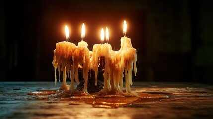 Four candles wax melt elegantly on a rustic wooden table, casting a warm glow, creating a cozy atmosphere that invites reflection and tranquility within a soft light.