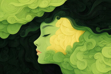 Aufkleber - A peaceful and artistic close-up of a womanâ€™s face, blending gently with swirling green patterns,