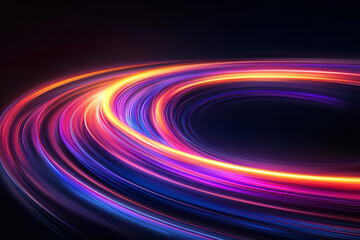 Poster - A glowing orb at the center of a curved road, radiating dynamic streaks of orange, red, and purple