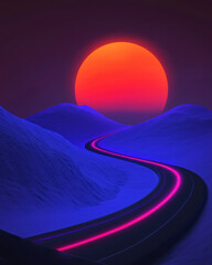 Aufkleber - A luminous orb at the heart of a winding road, radiating orange, red, and purple light streaks,