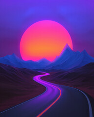 Aufkleber - A luminous orb at the heart of a winding road, radiating orange, red, and purple light streaks,